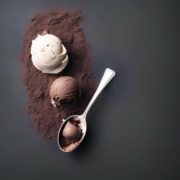 Photo of top view scoop of chocolate ice cream on dark background - generative ai