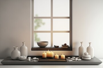 Wooden vintage tabletop or shelf with candles and pebbles, zen vibe, over minimalist bathroom in classic apartment with arched window, bathtub, modern architectural interior design, illustration