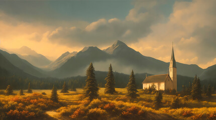 Nice landscape illustration with a church on the hills with beautiful forest and mountains at the background, generative AI