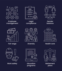 Set icons social, ESG concept. Icons with captions. Vector illustration isolated on a dark background
