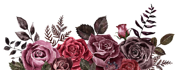 Floral frame made in vintage Victorian style. Watercolor black, red, and purple roses and dark foliage on white background. Botanical border. PNG clipart. - 574682718