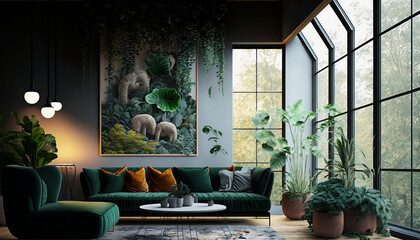 Chic boho-style living room with a velvet green sofa, paintings and plants. Colorful green living room with houseplants. AI