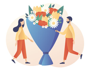 Tiny people with big flower bouquet. Florist concept. Floral shop. Floristic business. Flower delivery. Modern flat cartoon style. Vector illustration on white background