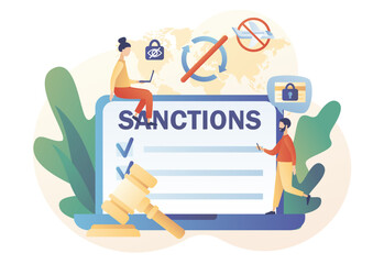 Economic sanctions on laptop screen. Protect International law. Country peace and security. Limit, ban or stop trading. Political concept. Modern flat cartoon style. Vector illustration 