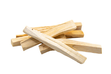 Top view color photo close-up of Palo santo wood sticks isolated on white background.