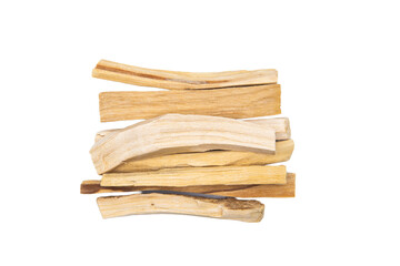 Top view color photo close-up of Palo santo wood sticks isolated on white background.
