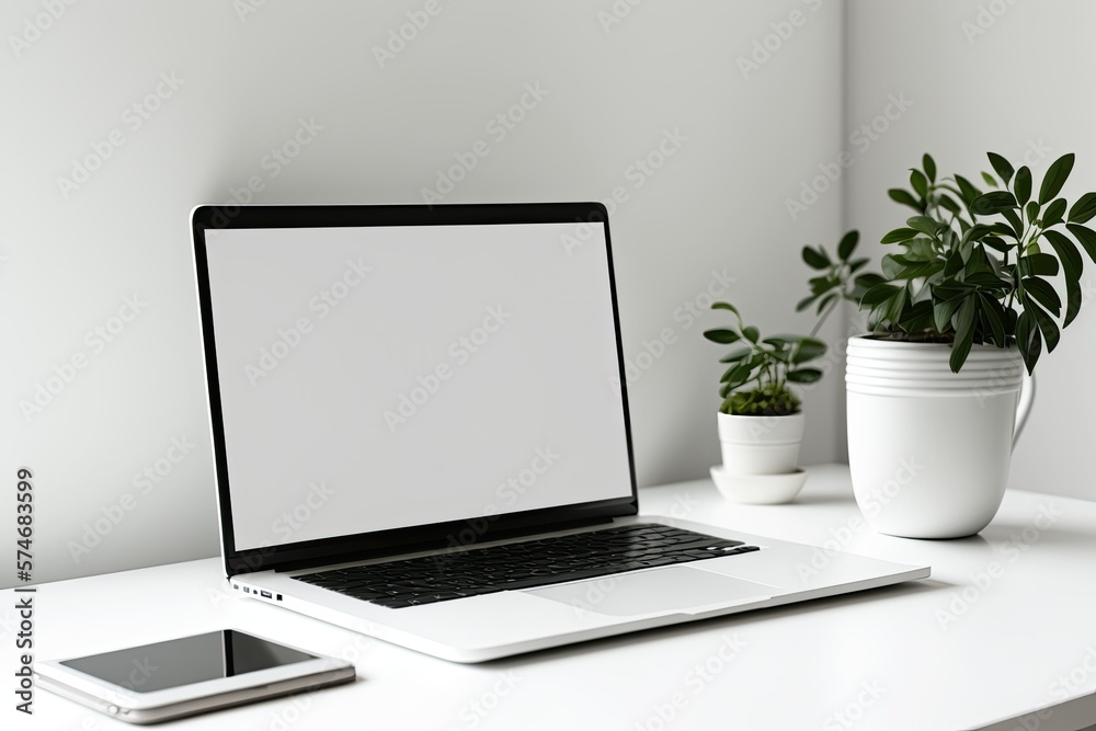 Wall mural Left side view of blank laptop on white wooden table in minimalist office. Generative AI