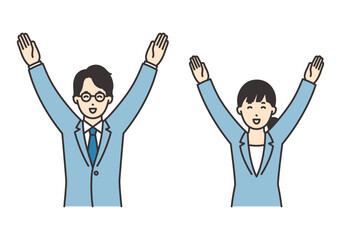 万歳をするスーツを着た女性と男性のイラスト素材セット