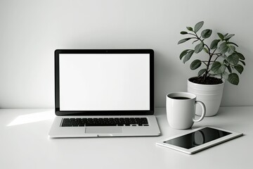 Mockup of a laptop computer on a white table with a blank screen, a picture frame, and a coffee cup. Generative AI