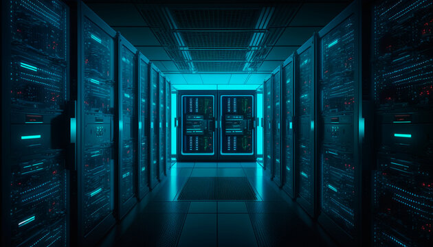 Network server room with computers for digital television ip communication and internet