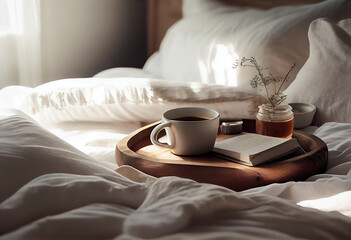 tray with cup of hot tea in the bed, lazy morning, warm winter mood, AI Generated - obrazy, fototapety, plakaty