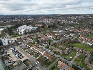 Fototapeta na wymiar Debden housing estate streets and roads Essex UK drone aerial view