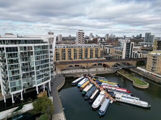 Narrow boats moored Limehouse basin East London Drone, Aerial, view from air, birds eye view,