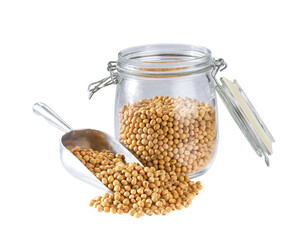 soybeans in metal scoop and  in glass storage jar isolated on white background.