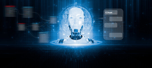 Chat  Ai communicate and interact with human and provide smart data text, Artificial intelligence systems assist human decision making the best solution. technology robots in the online system