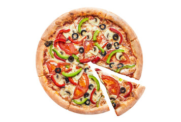 Delicious vegetarian pizza with champignon mushrooms, tomatoes, mozzarella, peppers and black...