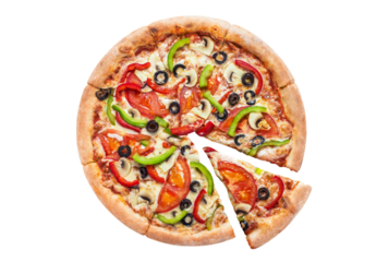 Delicious vegetarian pizza with champignon mushrooms, tomatoes, mozzarella, peppers and black olives, cut out