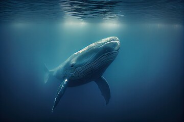Fototapeta premium portrait of a blue whale ready to breach the surface of the ocean, generative ai