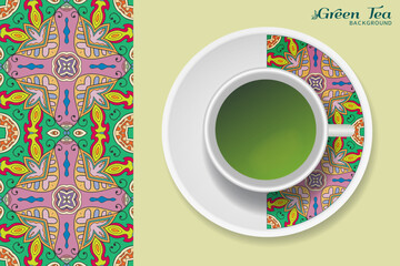 Cup of green tea with doodle ornament on a saucer and hand drawn seamless floral pattern. Business coffee break or tea time concept, interior background. Isolated cup and plate decor elements