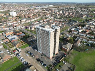 Tower block Thaxed house ,Dagenham London UK Drone, Aerial, view from air, birds eye view, - obrazy, fototapety, plakaty