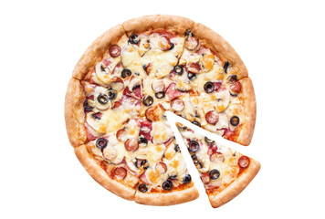 Delicious pizza with salami, ham, sausages, champignon mushrooms, olives, mozzarella and tomato sauce, cut out