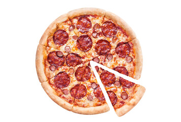 Delicious pizza with salami, sausages, mozzarella and tomato sauce, cut out