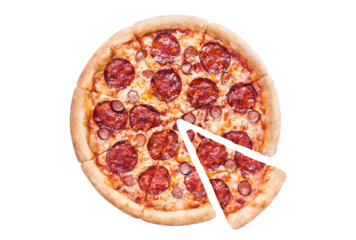 Delicious pizza with salami, sausages, mozzarella and tomato sauce, cut out