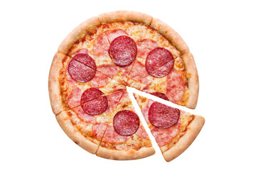 Delicious pizza with salami, ham, mozzarella and tomato sauce, cut out