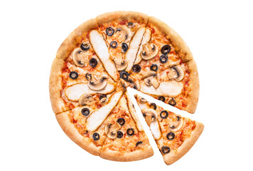 Delicious pizza with chicken fillet, champignon mushrooms, olives, mozzarella and tomato sauce, cut out