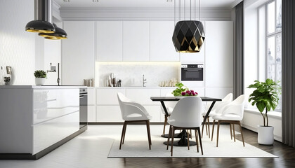 Modern stylish snow-white kitchen with furniture. AI