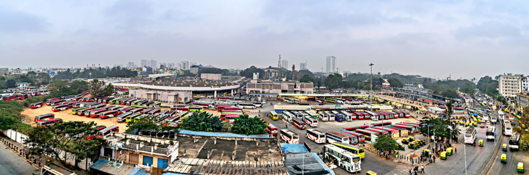 Aerial panoramic  image of Bangalore Majestic  bus terminus in the evening with nice blue color sky.