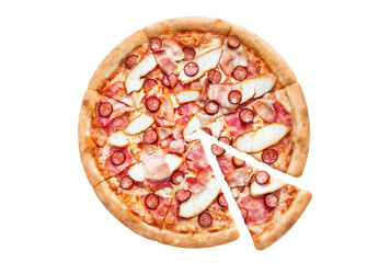 Delicious pizza with chicken fillet, ham, bacon, sausages, tomato sauce and mozzarella, cut out