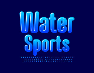 Vector creative banner Water Sport with Blue Font. Set of artistic Alphabet Letters, Numbers and Symbols