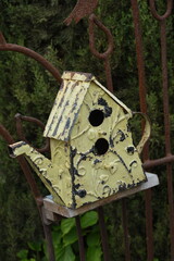  Old weathered birdhouse in the garden