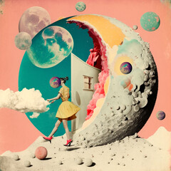 surreal collage of a retro 70s woman in a dreamy background, dream travel concept, pop colors, generative ai illustration
