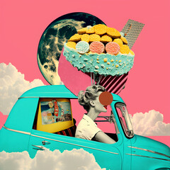surreal collageof a 70s woman style with a retro car, travel theme concept, pop colors, nostalgic...