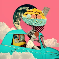 Poster surreal collageof a 70s woman style with a retro car, travel theme concept, pop colors, nostalgic mood, generative ai illustration © aledesun