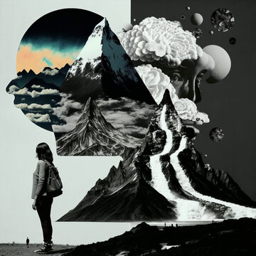 surreal collage of a woman dreaming  and thinking to travel into mountains and landscapes, generative ai illustration