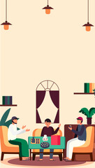 Fototapeta premium three men were celebrating Eid al-Fitr by gathering and sitting chatting together in the living room 