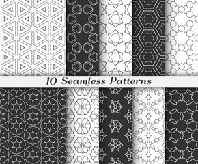 Seamless geometric patterns set, thin lines. Stylish monochrome geometric backgrounds collection, line art. Tribal ethnic ornament in arabic style. Contemporary graphic design. Black and white