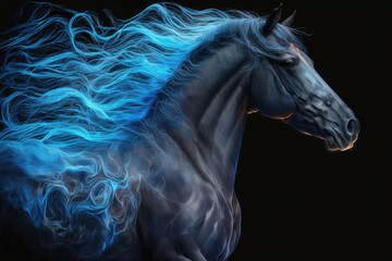 Obraz na płótnie Canvas Beautiful black horse in blue flames, fantasy, generative AI 