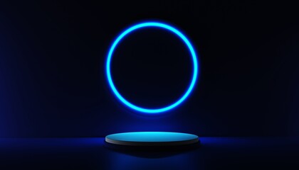 Blue realistic 3d cylinder stand podium with glowing neon in circle shape. Abstract 3D Rendering geometric forms. Minimal scene. Stage showcase, Mockup product display.