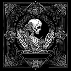skull girl with flower ornament is a unique and captivating illustration featuring a stylized skull adorned with flowers, conveying a fusion of life and death