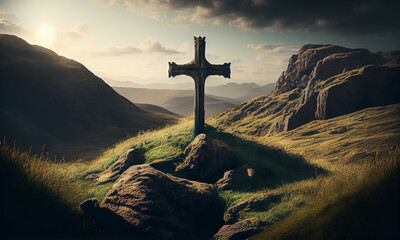 Christian catholic cross on the hills. Generative AI.