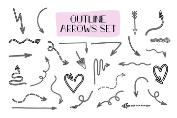 Vector Outline arrows set. Minimalist navigation elements for design and decoration.