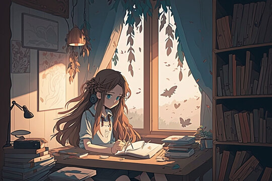 cute anime girl studying in her room, cozy, chill, lofi vibes generative ai