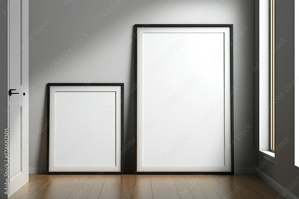 Wall mural Interior poster mockup with two vertical, empty, white and wooden frames of different sizes on a black wooden floor in a white room. Generative AI