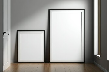 Interior poster mockup with two vertical, empty, white and wooden frames of different sizes on a black wooden floor in a white room. Generative AI