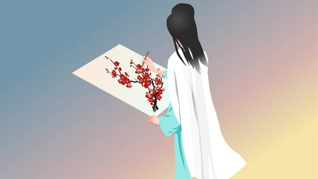 Rearview of cartoon girl drawing flowers, painting, painter Background and 2d animation