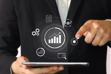 Innovation Concept, Increase sale Cycle of digital business, process of work, community, customers, target goal to achieve, planning data, task achievement, search analysis report on blue background.